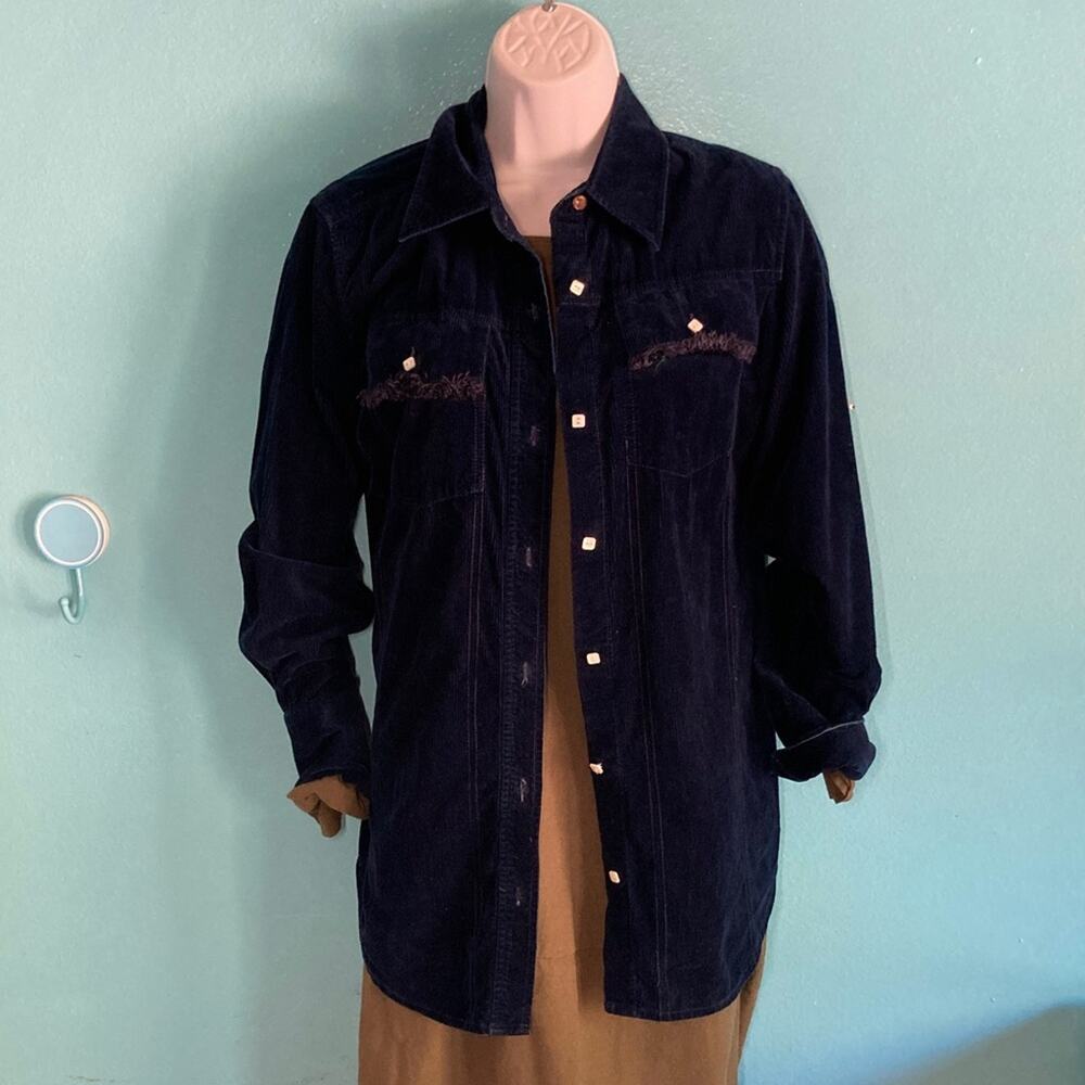Trademark Womens Size 6 Dark Blue Corduroy Long Sleeve Button Front Shirt Top